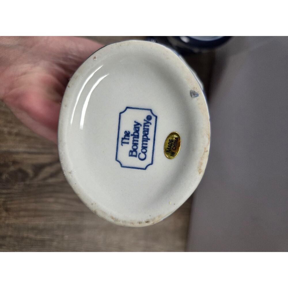 Vintage Bombay Company 6" Blue White Pitcher Ceramic Pottery + Bowl w/ Lid Set - Picture 6 of 12